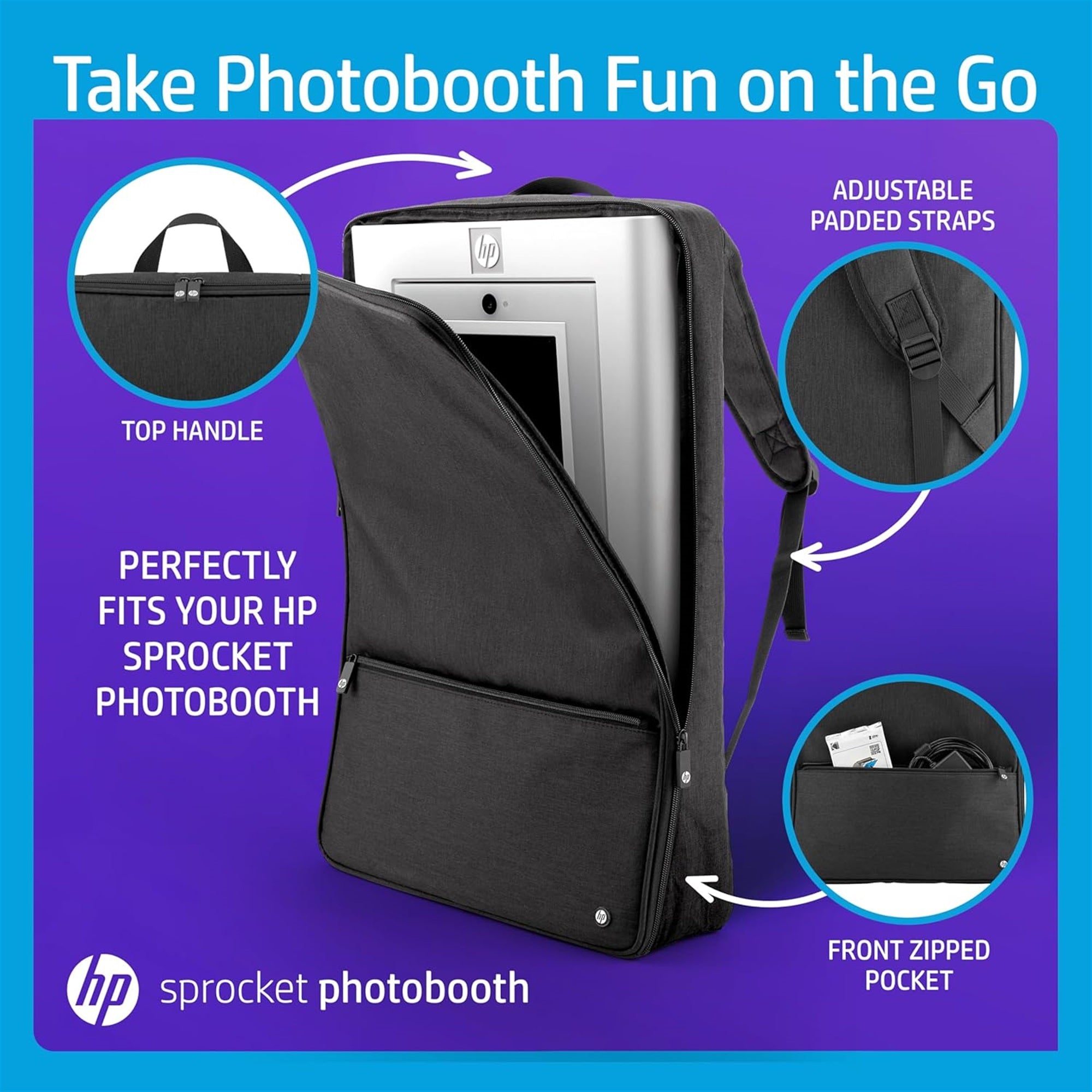 HP Sprocket Photobooth 旅行背包（黑色），专为 HP Sprocket Photobooth 打印机设计