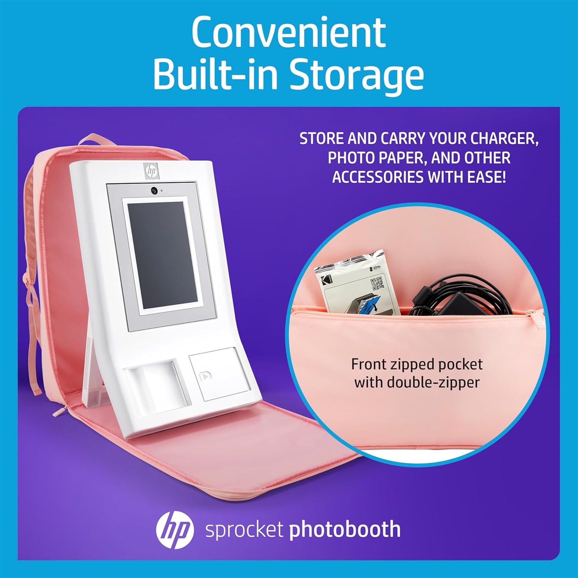 HP Sprocket Photobooth 旅行背包（粉色），专为 HP Sprocket Photobooth 打印机设计