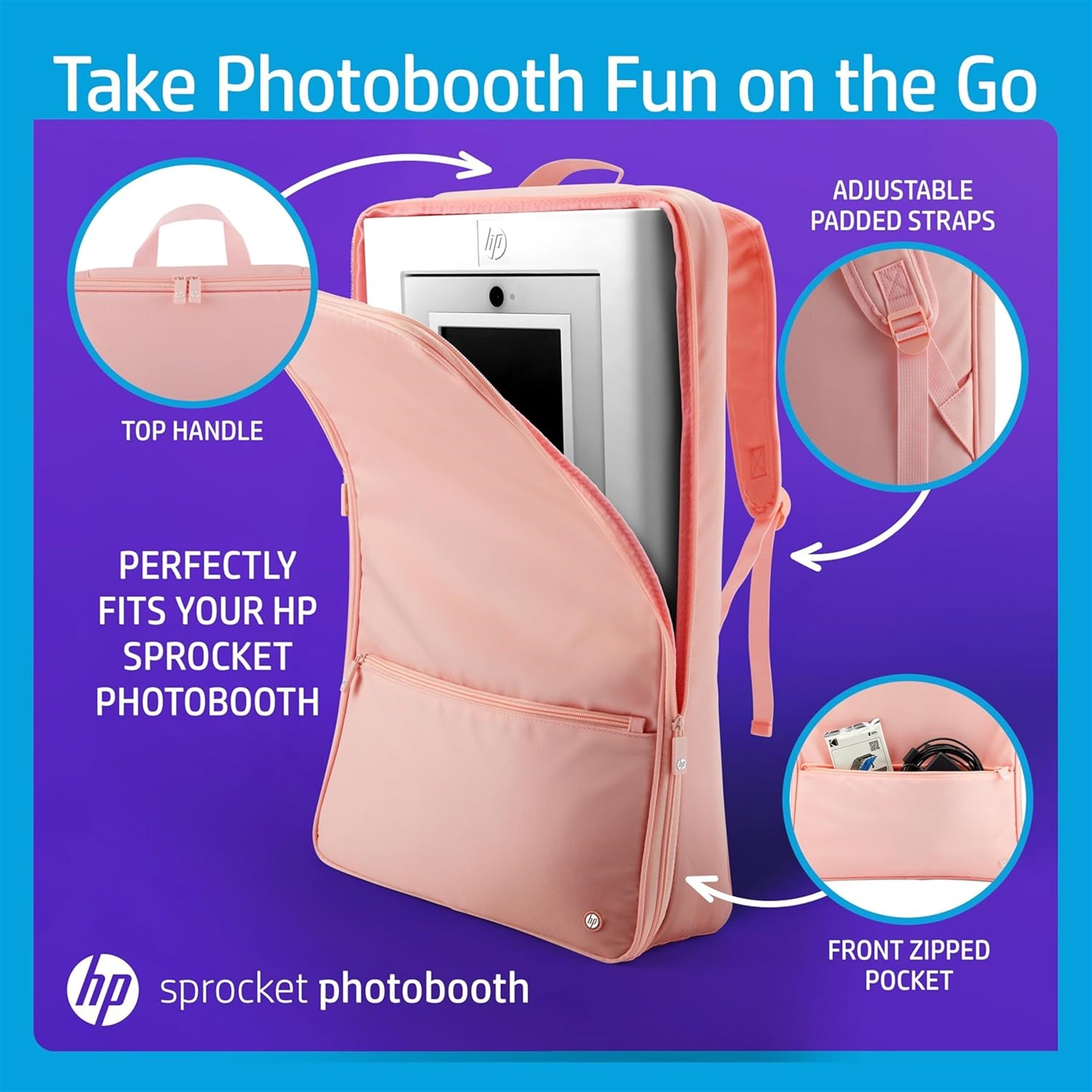 HP Sprocket Photobooth 旅行背包（粉色），专为 HP Sprocket Photobooth 打印机设计