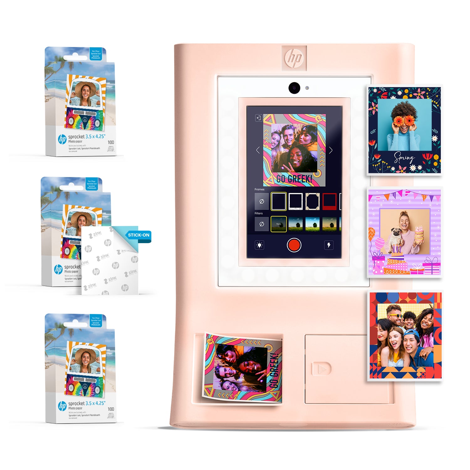 HP Sprocket Photobooth 3x4 英寸照片打印机（粉色）套装，含 3.5 x 4.25 英寸 Zink 相纸（300 张）