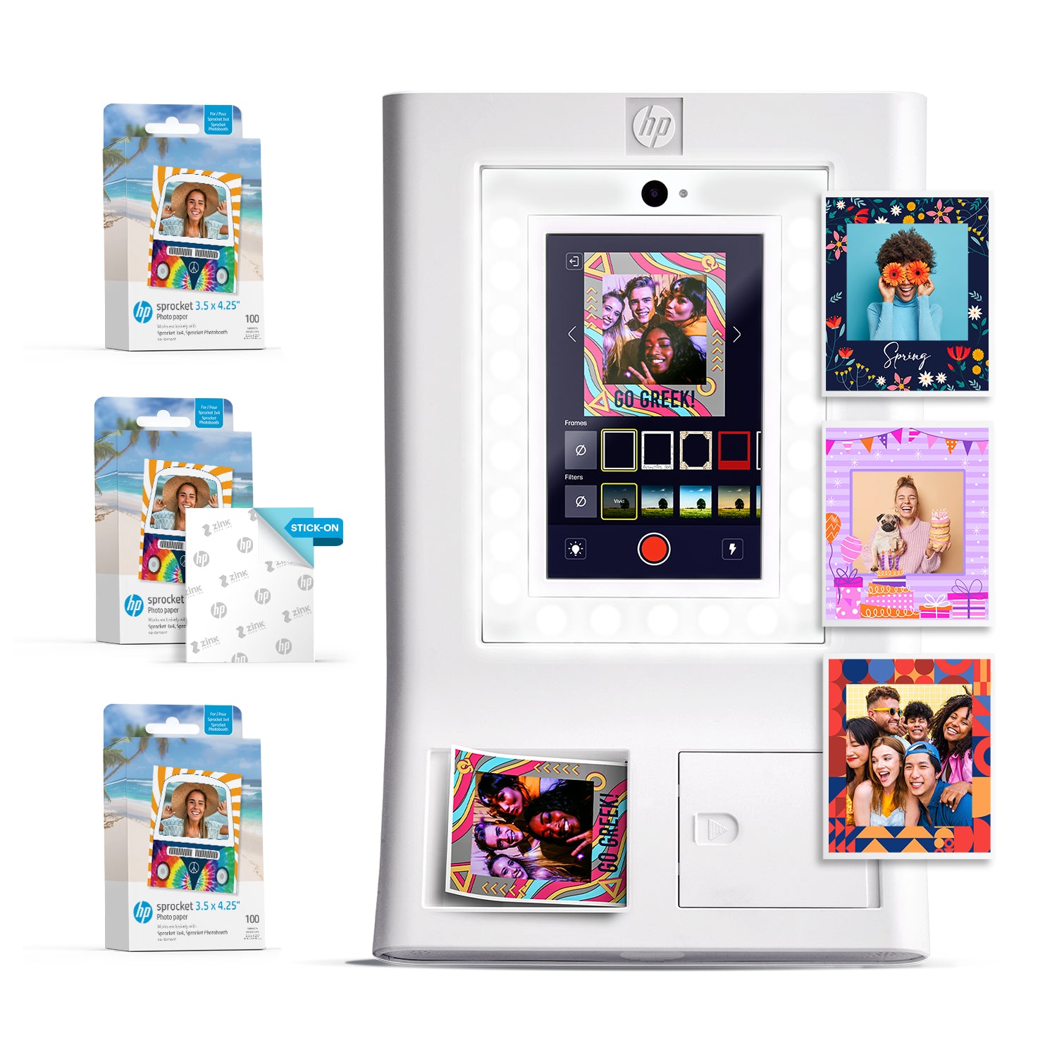 HP Sprocket Photobooth 3x4 英寸照片打印机（白色）套装，含 3.5 x 4.25 英寸 Zink 相纸（300 张）