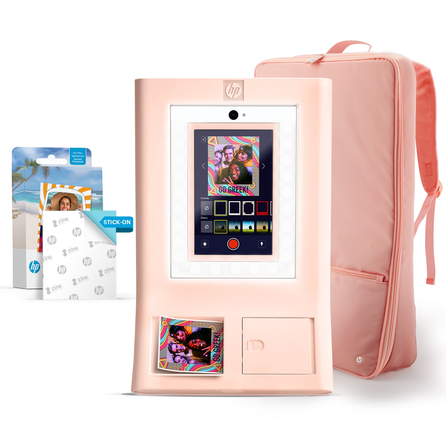 HP Sprocket Photobooth 3x4 照片打印机（粉色）套装，含 Zink 纸（100 张）和便携包