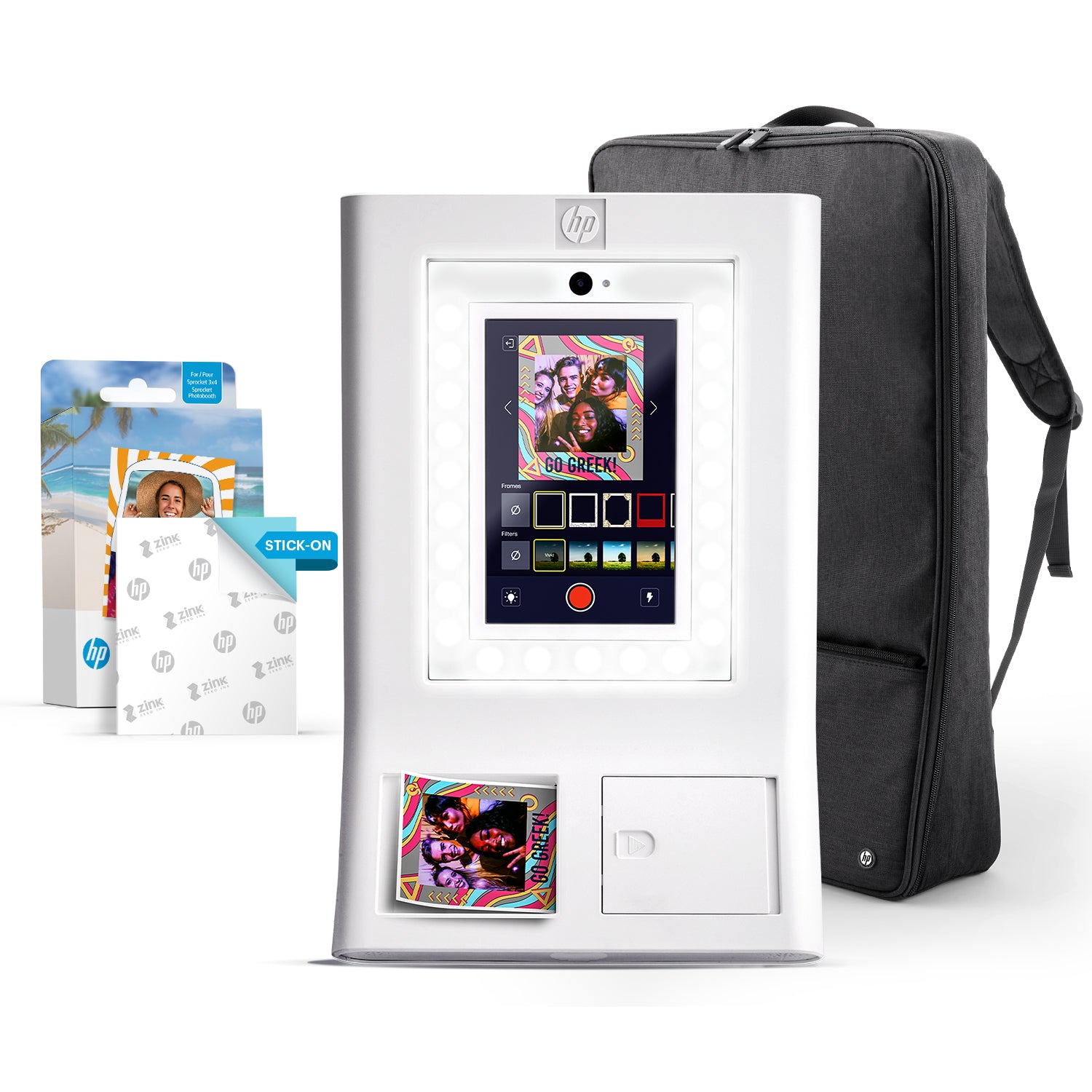 HP Sprocket Photobooth 3x4 照片打印机（白色）套装，含 Zink 纸（100 张）和便携包