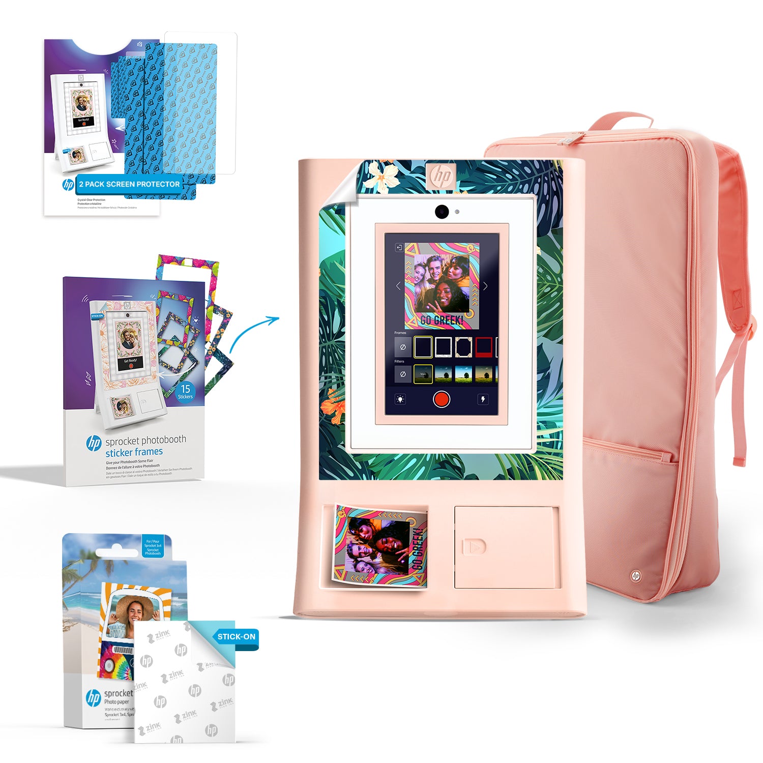 HP Sprocket Photobooth 3x4 英寸照片打印机（粉色）套装，含 Zink 纸、保护套、屏幕保护膜等