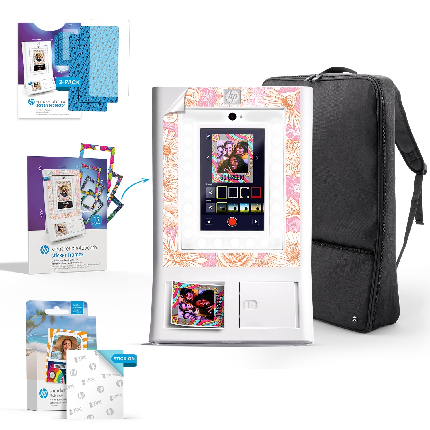 HP Sprocket Photobooth 3x4 英寸照片打印机（白色）套装，含 Zink 纸、外壳、屏幕保护膜等